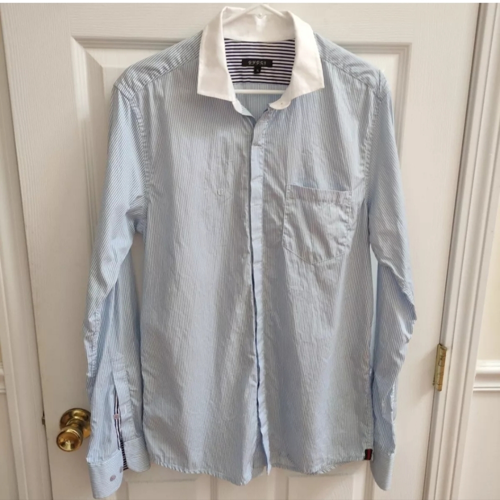 Gucci G Logo Men's Button Down Shirt Blue White Pin Stripe Men's XL Run Small